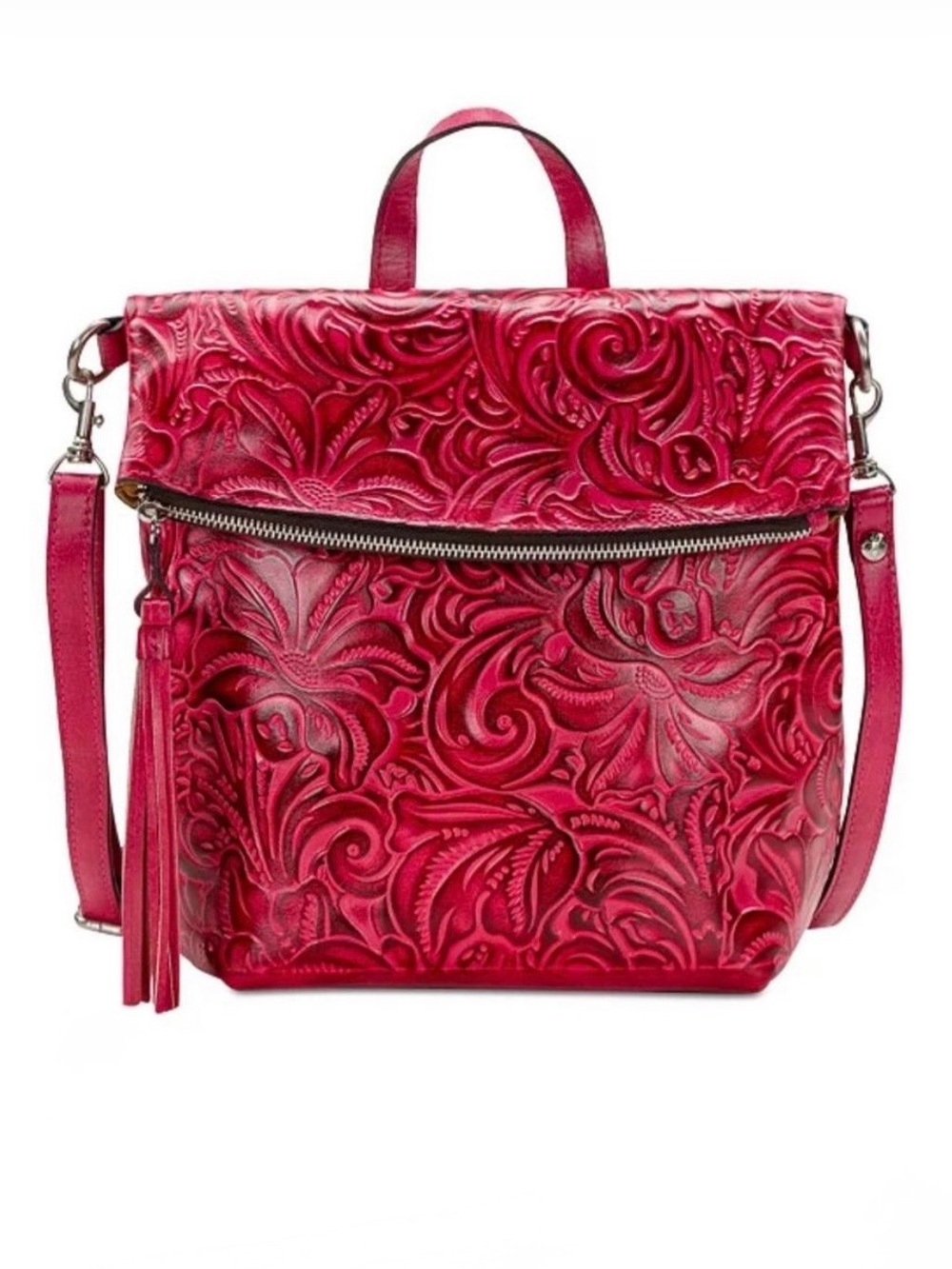 Patricia Nash Pink Black Luzille Tooled Emboss Leather Bag Convertible Backpack